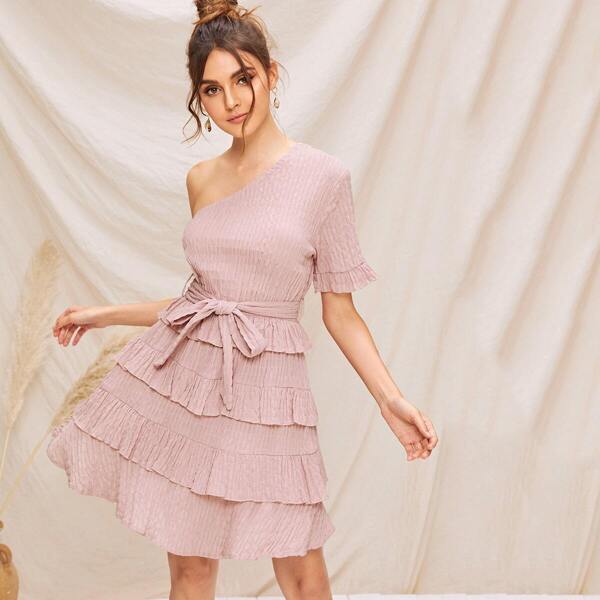 

One Shoulder Belted Tiered Layer Dress