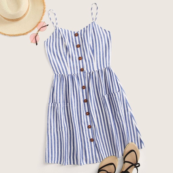 

Button Front Patch Pocket Striped Slip Dress, Blue