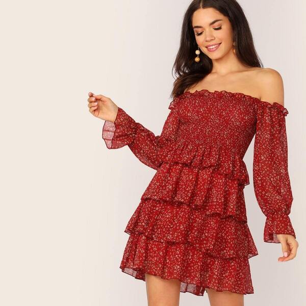 

Shirred Bodice Layered Ditsy Floral Dress, Red