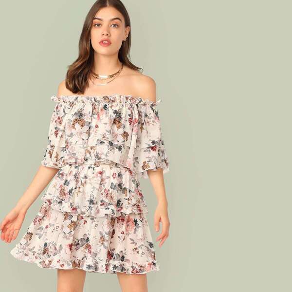 

Off Shoulder Ruffle Trim Floral Print Layered Dress, Multicolor