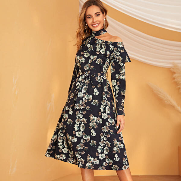 

Floral Print Choker Shoulder Flounce Foldover Dress