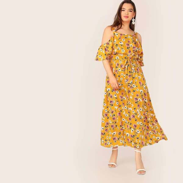 

Plus Cold Shoulder Ruffle Trim Belted Floral Dress, Yellow