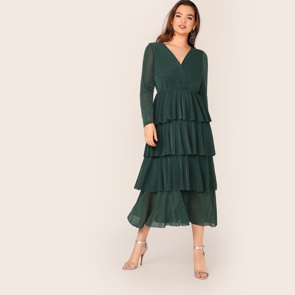 

Plus Wrap Front Tiered Layer Glitter Dress, Green