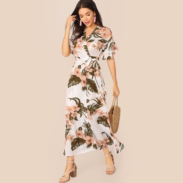 

Botanical Print Ruffle Cuff Tie Side Wrap Dress