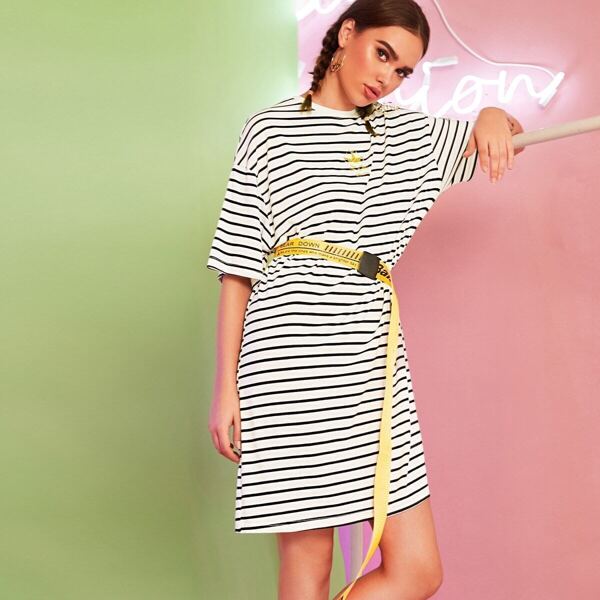 

Embroidered Striped Tee Dress Without Belt