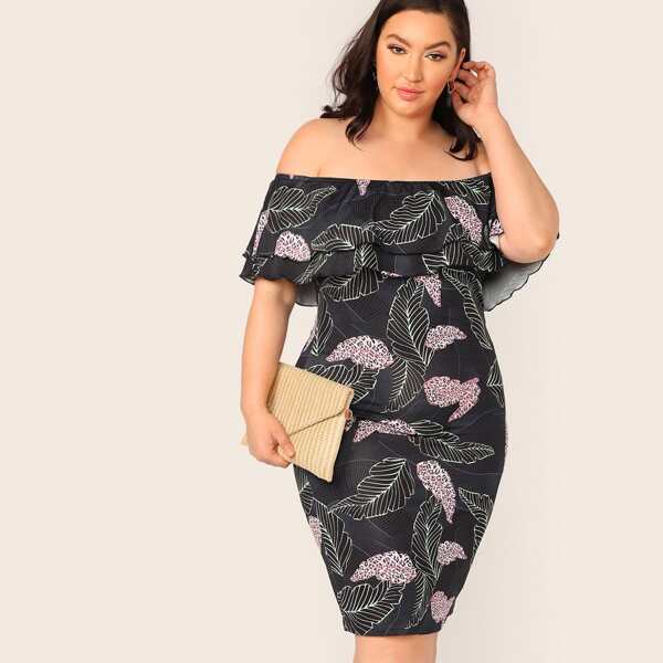 

Plus Bardot Layered Ruffle Foldover Leopard Leaf Print Dress