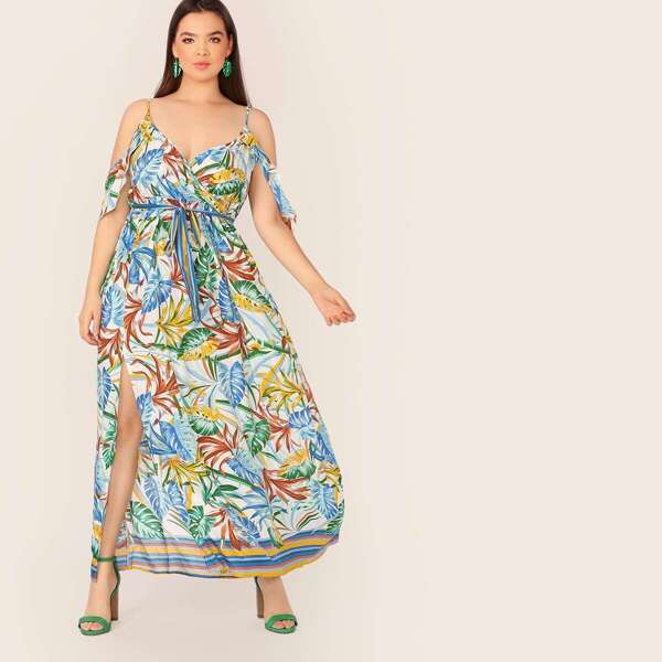 

Plus Cold Shoulder Side Slit Botanical Belted Dress