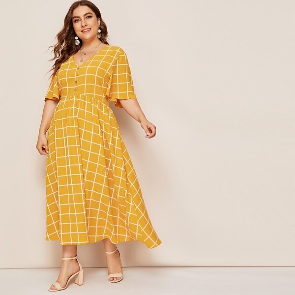 

Plus Buttoned Front Fit and Flare Grid Dress
