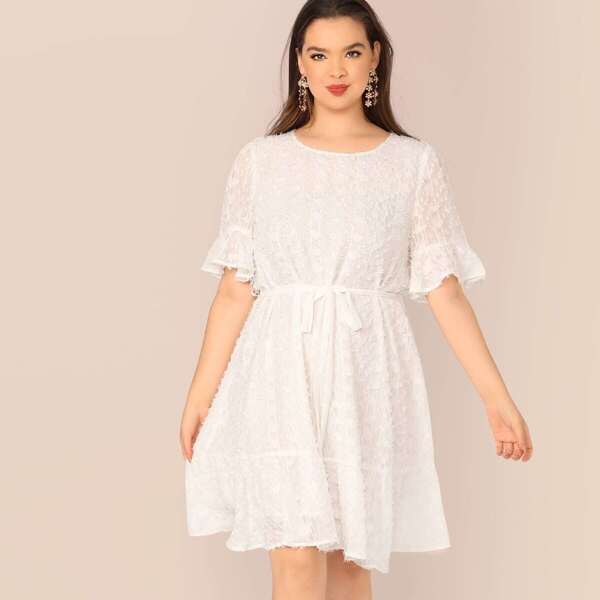 

Plus Bell Sleeve Flounce Hem Belted Textured Dress, White