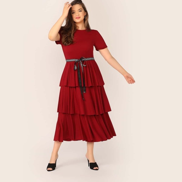 

Plus Layered Ruffle Hem Letter Belted Dress, Burgundy