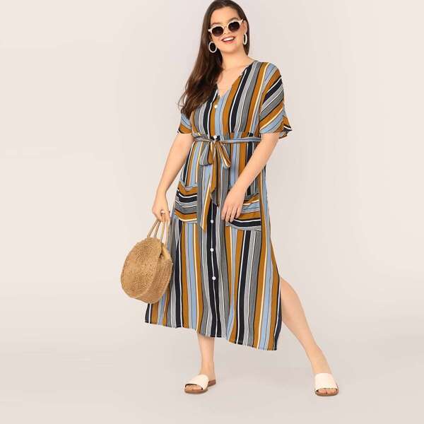 

Plus Single Breasted Pocket Patched Split Striped Dress, Multicolor
