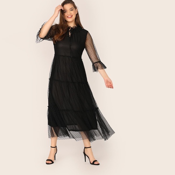 

Plus Tie Neck Dobby Mesh Overlay Layered Dress, Black