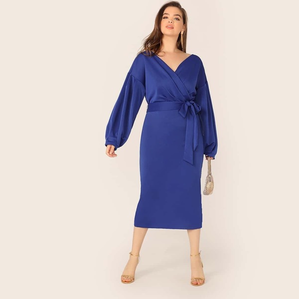 

Plus Lantern Sleeve Wrap Belted Split Back Pencil Dress