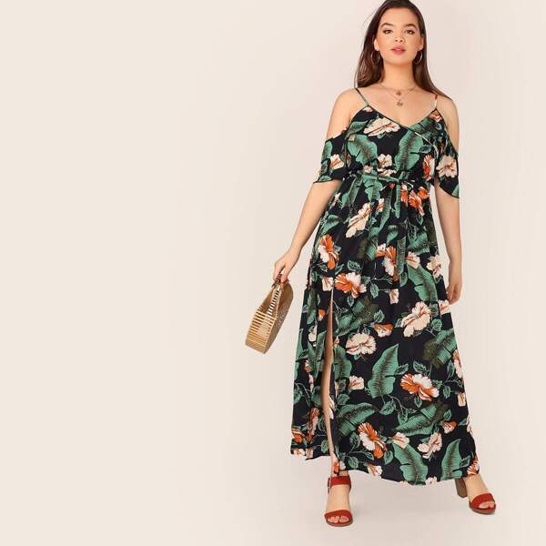 

Plus Cold Shoulder Split Thigh Wrap Belted Tropical Dress, Multicolor