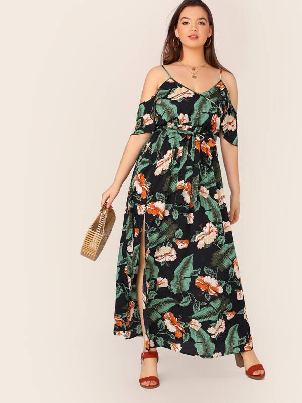 

Plus Cold Shoulder Split Thigh Wrap Belted Tropical Dress, Multicolor, Faith Bowman