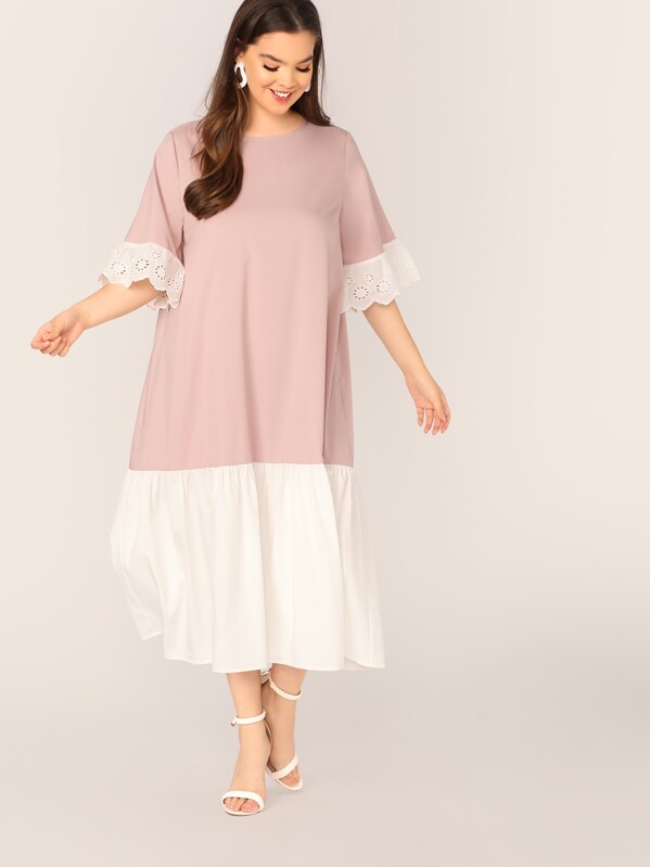 

Plus Embroidered Eyelet Cuff Two Tone Dress, Pink, Faith Bowman