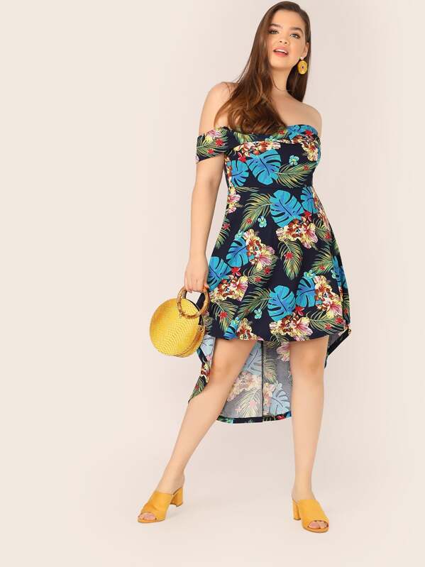 

Plus Off Shoulder Tropical Print Dip Hem Dress, Multicolor, Faith Bowman