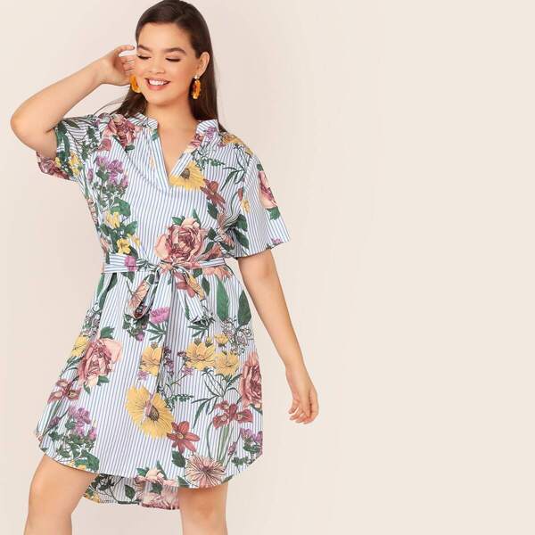 

Plus V-neck Striped & Floral Print Curved Hem Dress, Multicolor