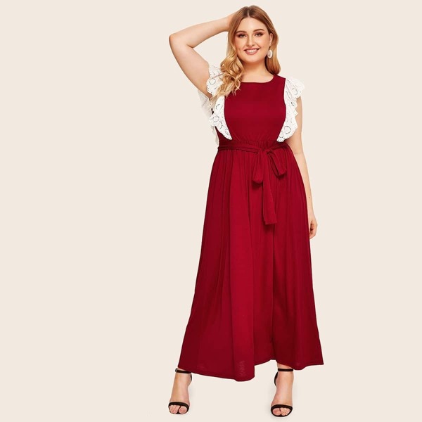 

Plus Schiffy Armhole Belted Dress, Burgundy