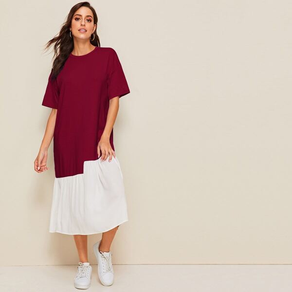 

Drop Shoulder Two Tone Ruffle Hem Dress