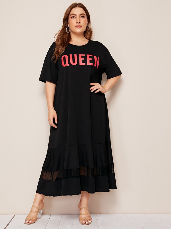 

Plus Letter Graphic Mesh Insert Swing Dress, Black