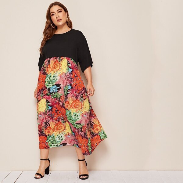 

Plus High Waist Painting Print Dress, Multicolor