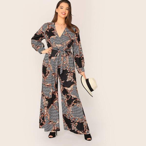 

Plus Surplice Neck Mixed Print Belted Jumpsuit, Multicolor