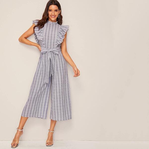

Striped Ruffle Armhole Belted Palazzo Jumpsuit, Blue