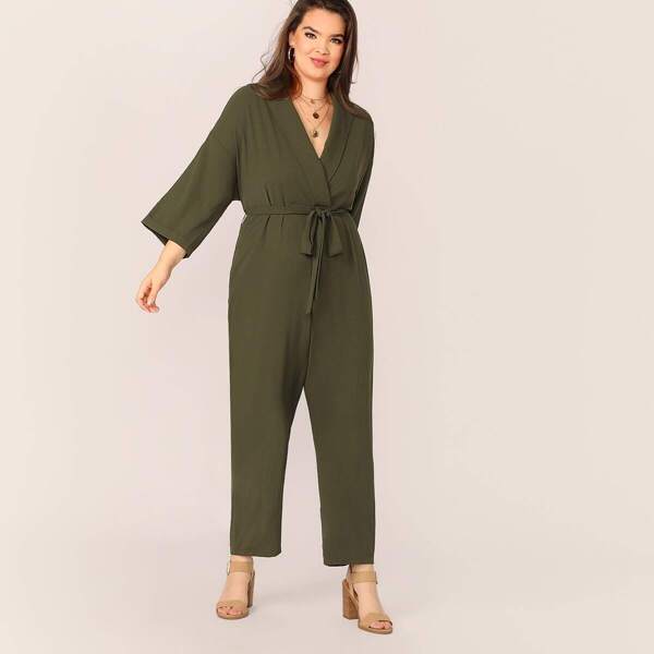 

Plus Shawl Collar Cuff Sleeve Belted Jumpsuit, Army green