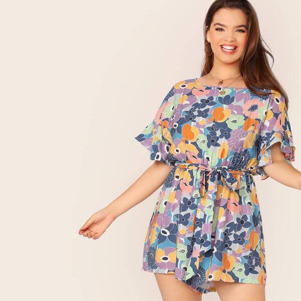 

Plus Allover Floral Print Belted Romper, Multicolor
