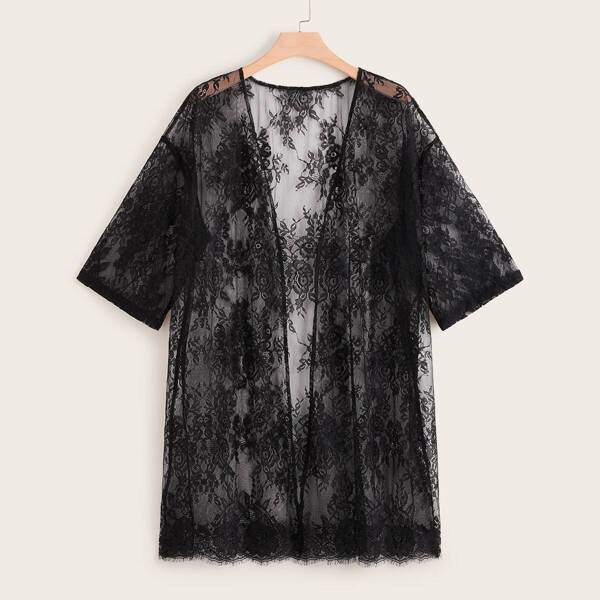 

Plus Floral Sheer Lace Kimono, Black