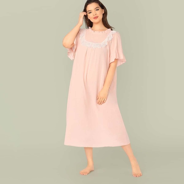 

Plus Ruffle Trim Contrast Lace Nightdress, Pink