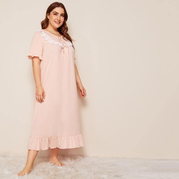 

Plus Tie Neck Lace Trim Ruffle Hem Night Dress, Pink