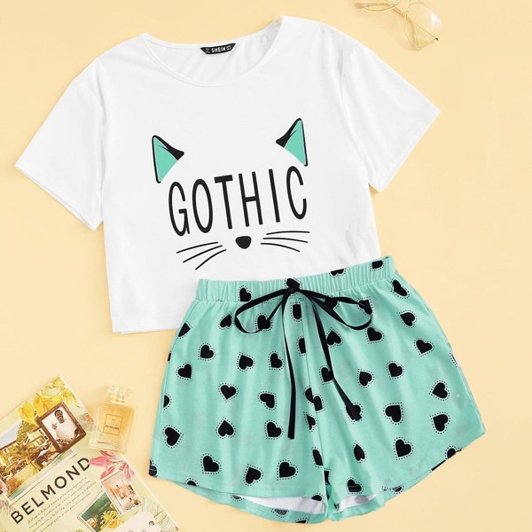 

Girls Cartoon Graphic Top and Tie Waist Shorts PJ Set