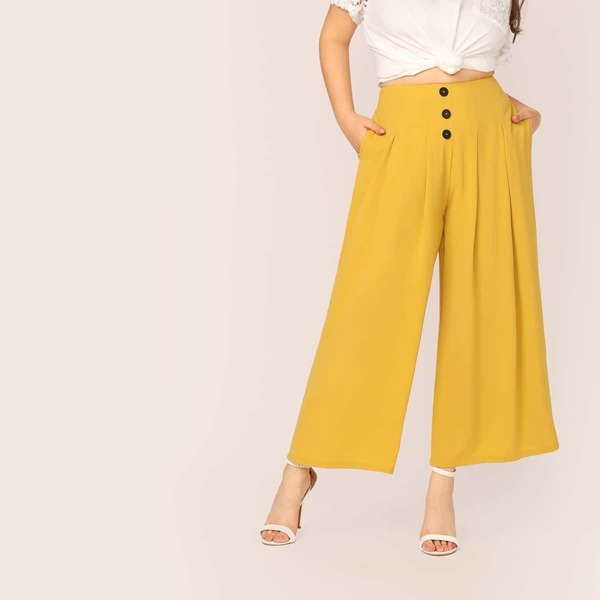 

Plus Button Front Slant Pocket Pleated Pleated Pants, Yellow