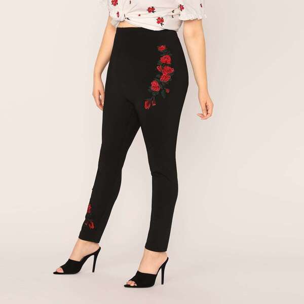

Plus High Waist Embroidery Appliques Leggings, Black
