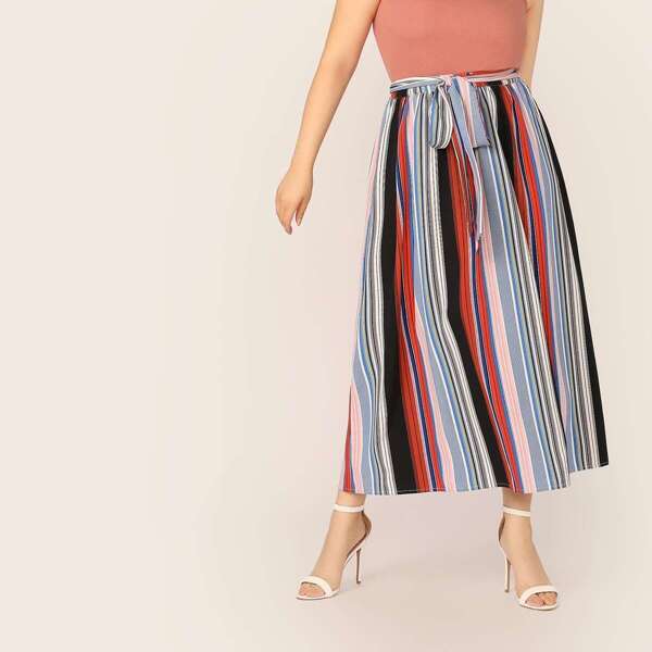 

Plus Colorful Striped Self Belted Skirt, Multicolor