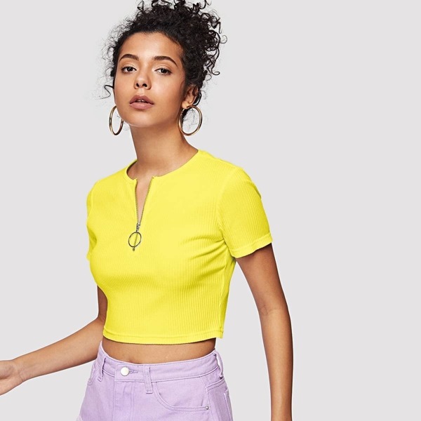 

Neon Yellow O-ring Zip Front Rib-knit Tee