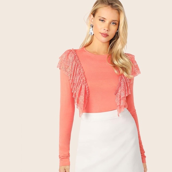 Lace Ruffle Trim Form Fitted Top, Pink