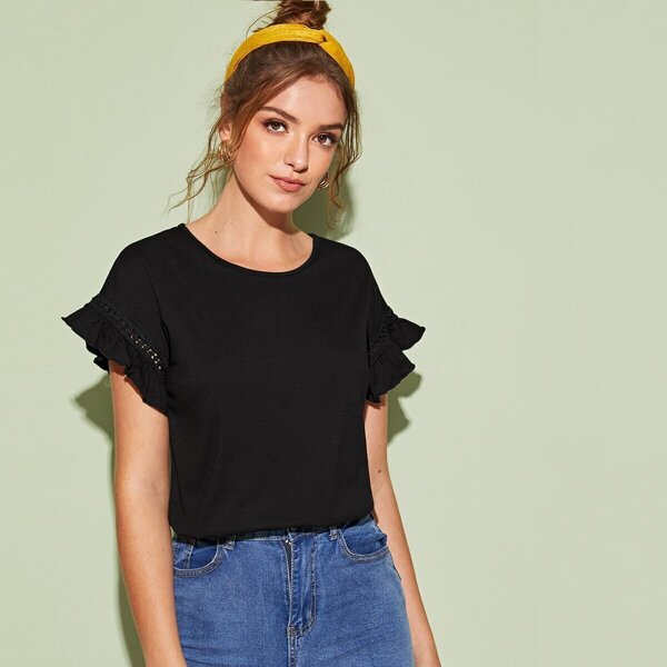 

Lace Trim Flounce Sleeve Solid Tee, Black