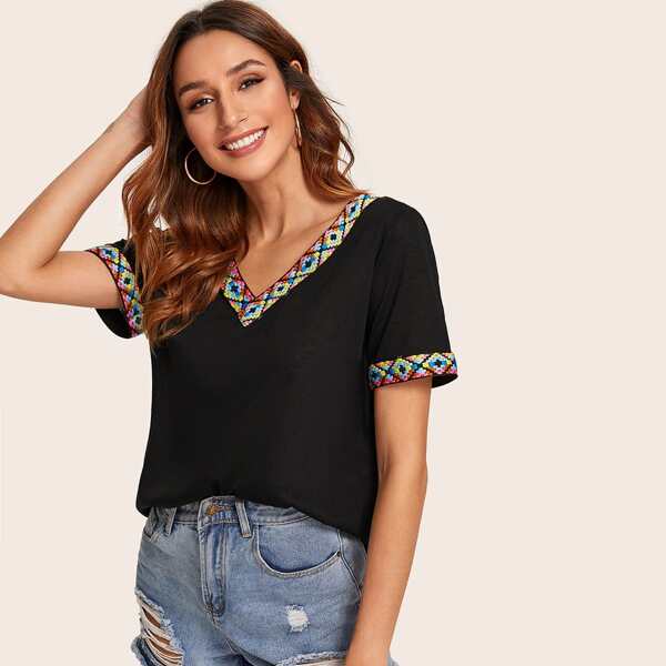 

Embroidered Tape Trim T-shirt, Black