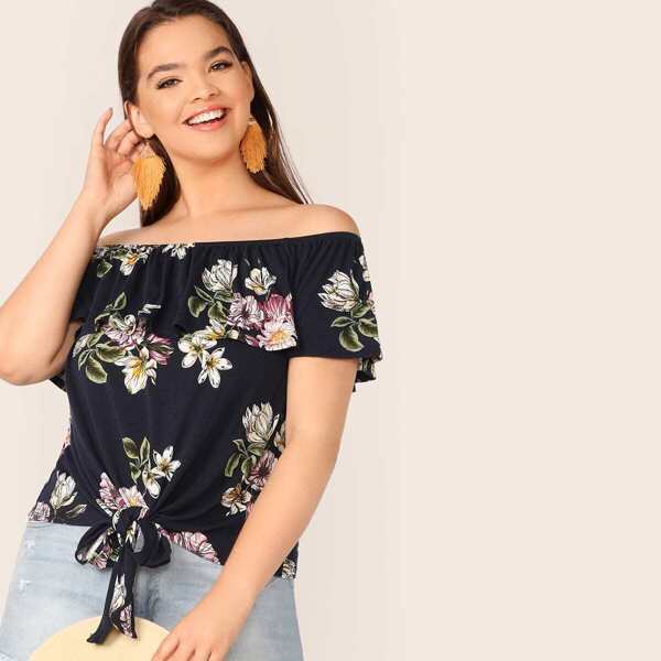 

Plus Knot Hem Flounce Off Shoulder Floral Top, Navy