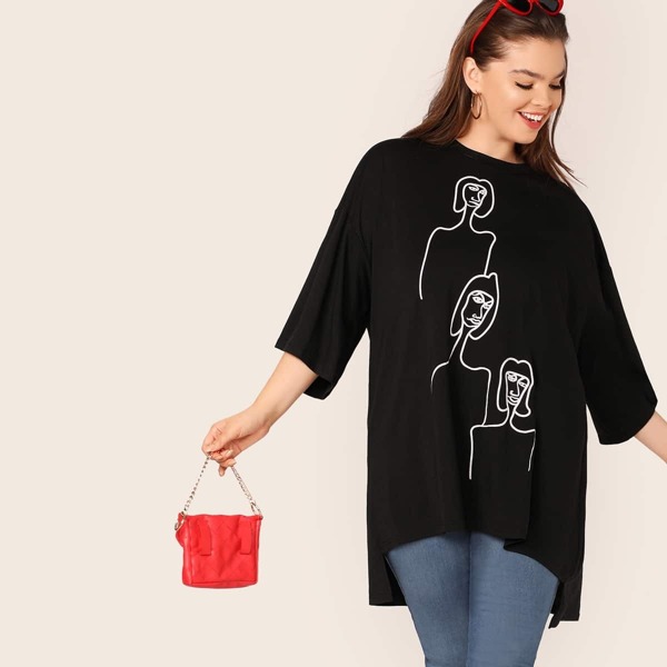 

Plus Figure Print Drop Shoulder High Low Top, Black