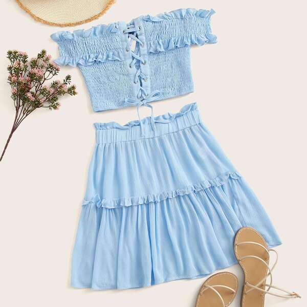 

Frill Lace Up Shirred Bardot Top & Paperbag Waist Skirt Set