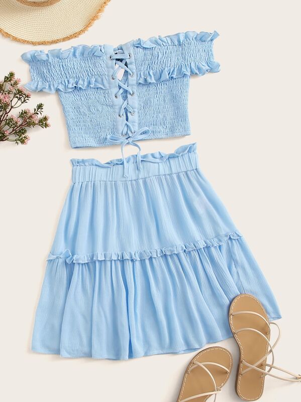 

Frill Lace Up Shirred Bardot Top & Paperbag Waist Skirt Set, Blue