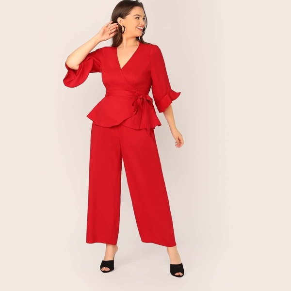 

Plus Wrap Belted Top & Wide Leg Pants Set, Red bright