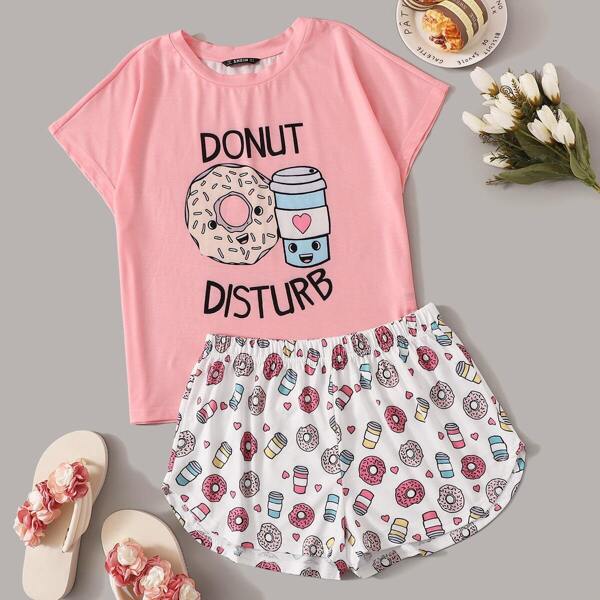 

Graphic Print Top & Curved Hem Shorts Set