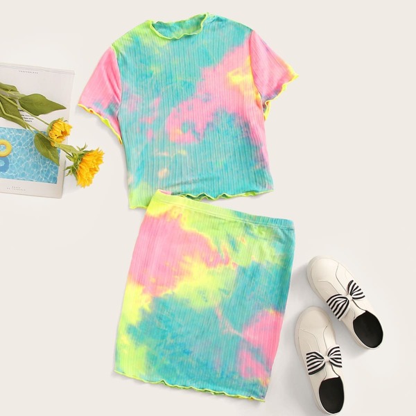 

Lettuce Trim Rib-knit Tie Dye Top & Skirt Set, Multicolor