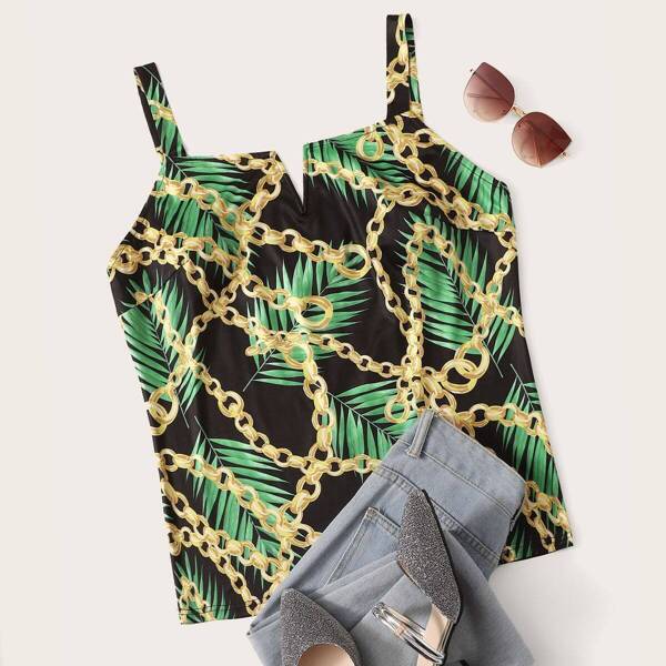 

Plus Chain & Jungle Leaf Print Notched Neck Top