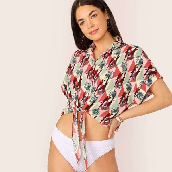 

Geo & Bird Print Knotted Front Shirt, Multicolor